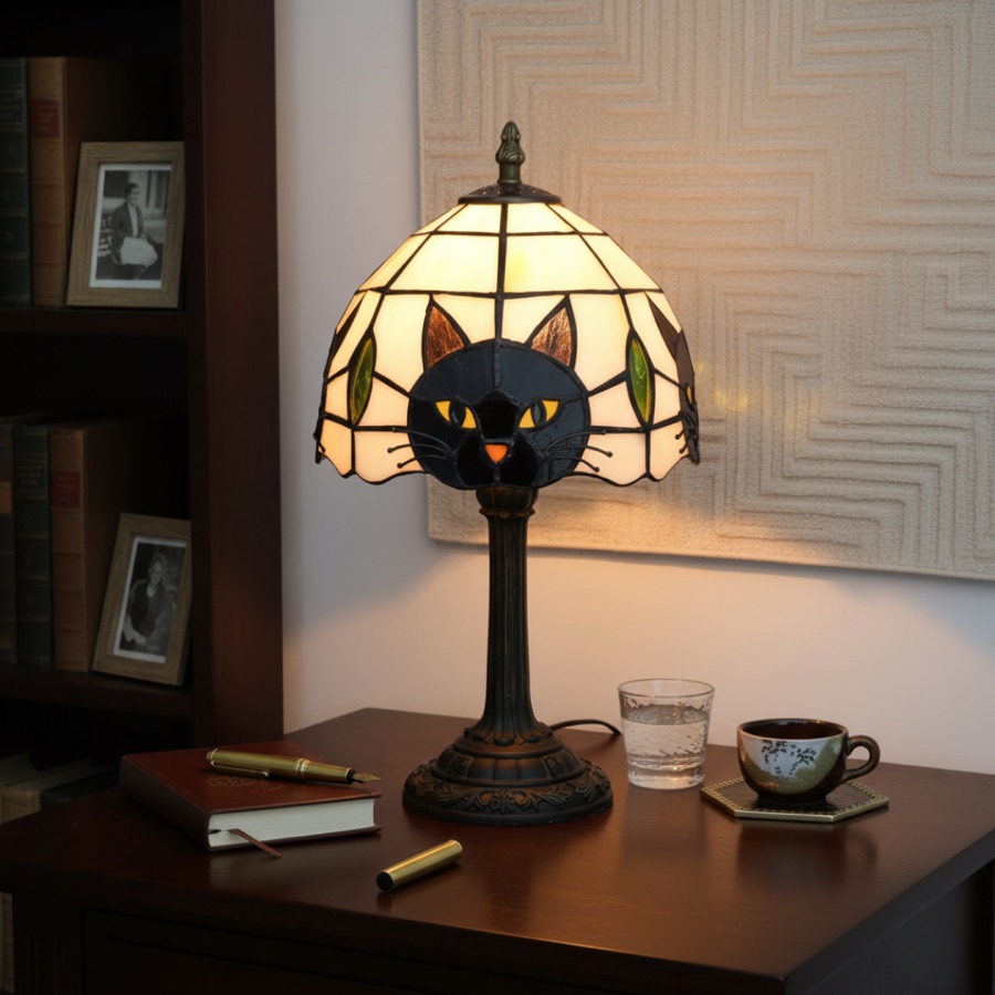 Luminária de Mesa Retrô Barroca com Gato Preto