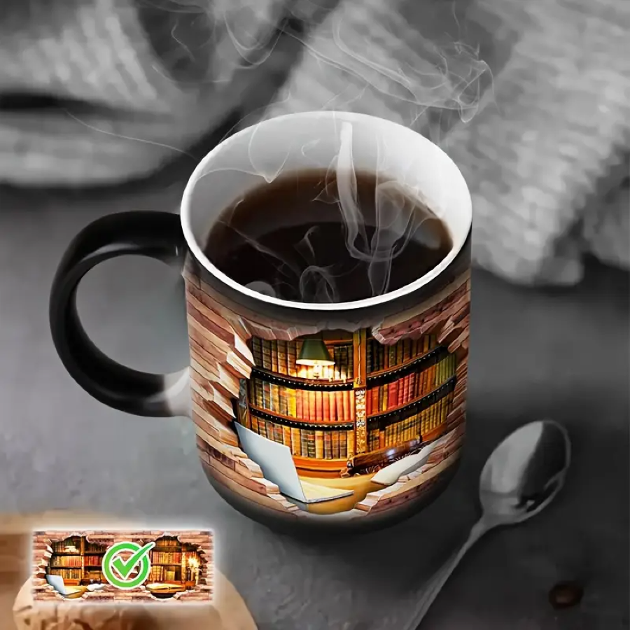 Caneca Cerâmica Charmosa com Efeito Térmico para Amantes de Livros