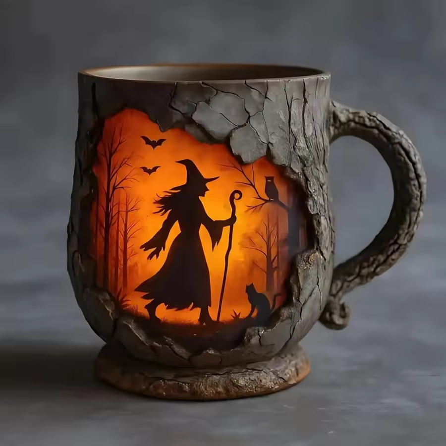 Caneca Halloween 3D Artesanal – Design Bruxa e Gato