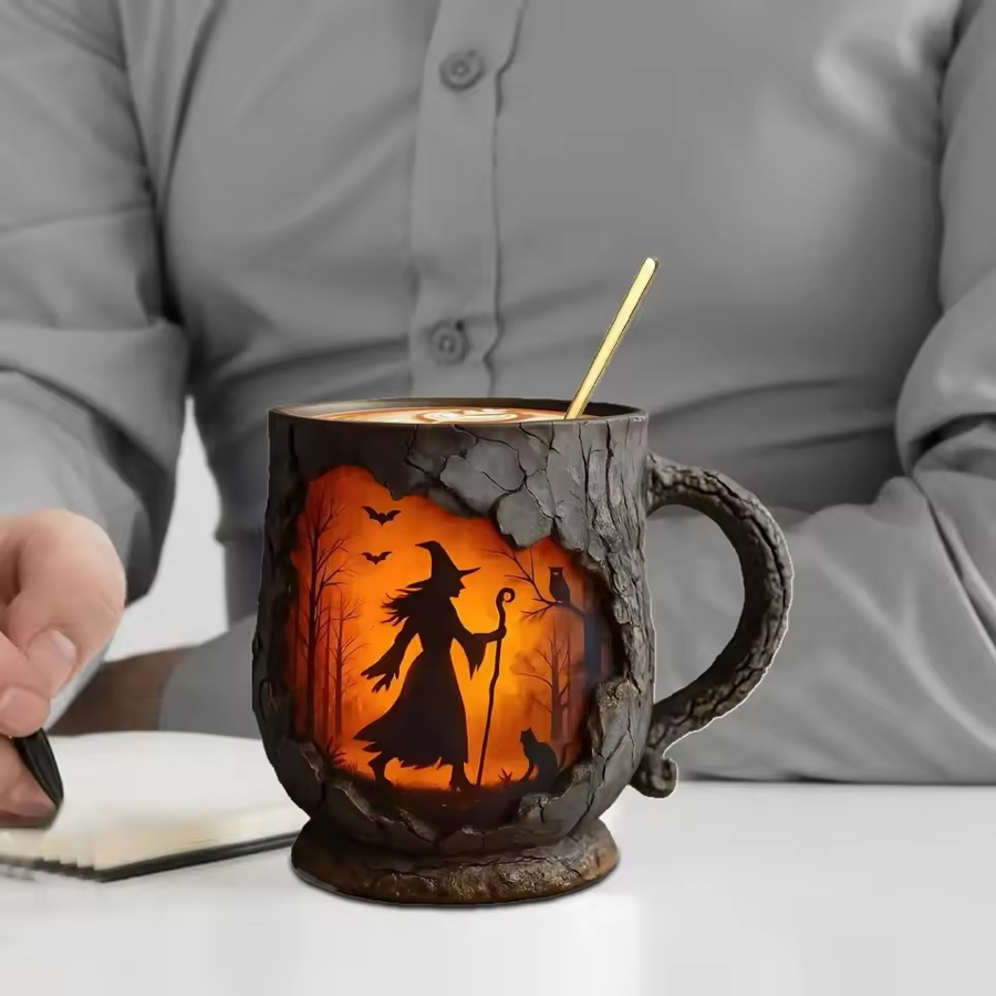 Caneca Halloween 3D Artesanal – Design Bruxa e Gato